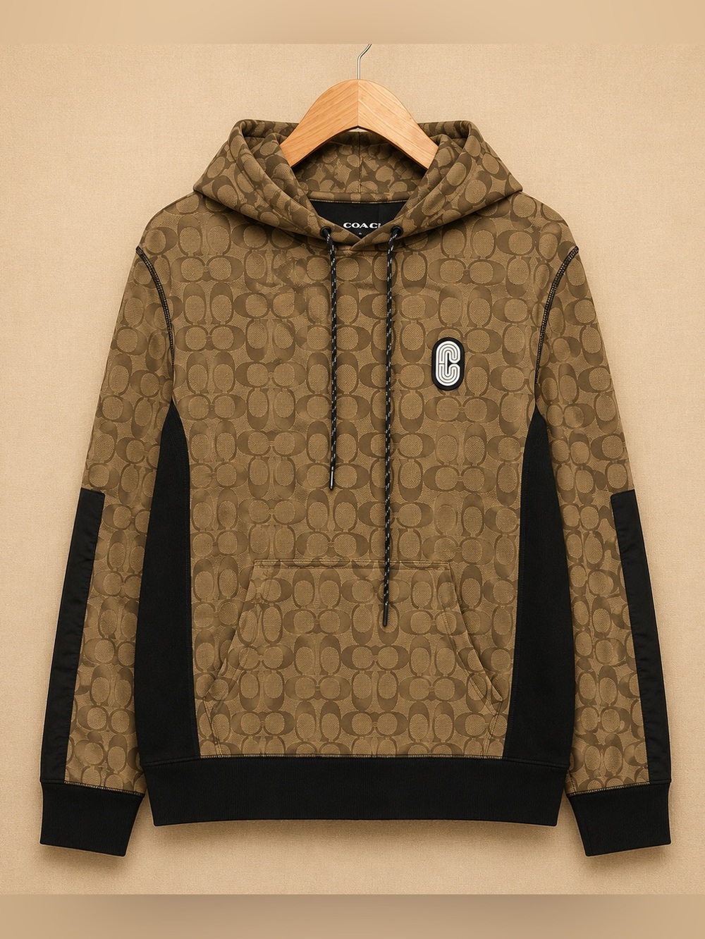 COACH Signature Mix Media Hoodie Khaki Monogram Pullover Small